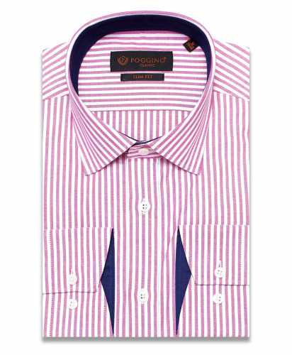 Бледно-бордовая приталенная мужская рубашка Poggino 7000-63 в полоску с длинными рукавами
