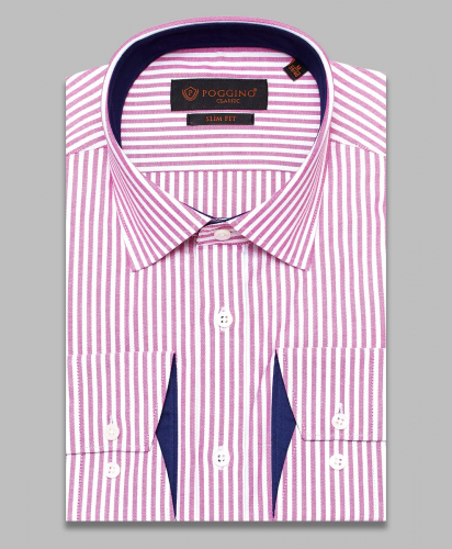 Бледно-бордовая приталенная мужская рубашка Poggino 7000-63 в полоску с длинными рукавами