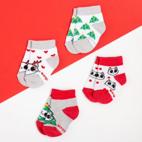 Набор новогодних детских носков Крошка Я «Котик», 4 пары, 8-10 см