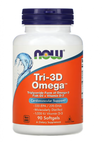 NOW Foods, Tri-3D Omega, жирные кислоты омега-3, 330 ЭПК / 220 ДГК, 90 капсул