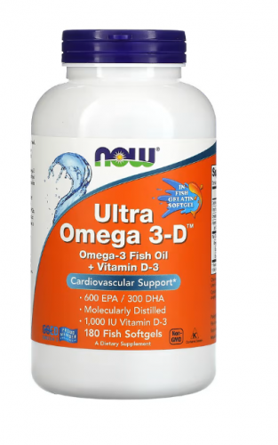 NOW Foods, ультраомега-3 с витамином D, 600 ЭПК / 300 ДГК, 180 капсул из рыбьего желатина