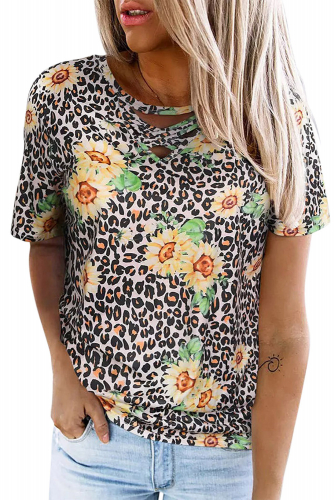 Леопардовая футболка с перекрестным вырезом и цветочным принтом
