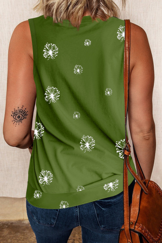 Зеленая свободная майка с боковыми разрезами и принтом одуванчики
