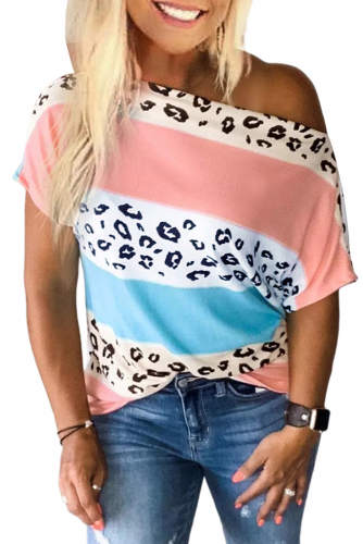 Бежево-белая свободная футболка с леопардовым принтом и разноцветными полосками