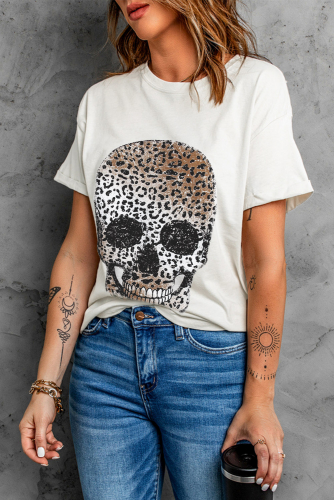 Белая футболка с леопардовым принтом череп