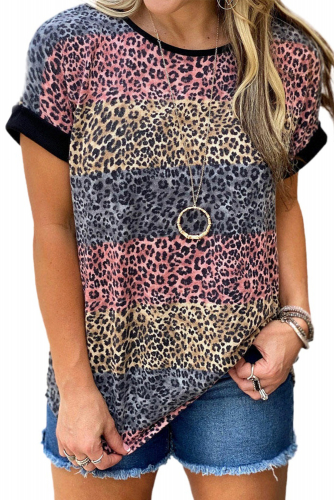 Разноцветная полосатая футболка с леопардовым принтом