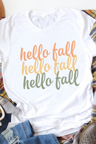 Белая футболка с разноцветной надписью: hello fall