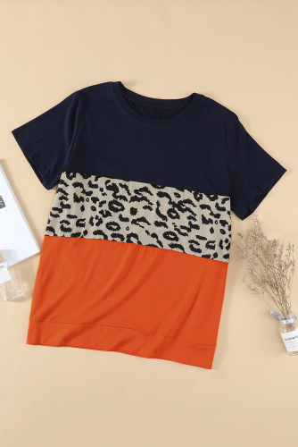 Оранжево-синяя футболка плюс сайз с леопардовым принтом
