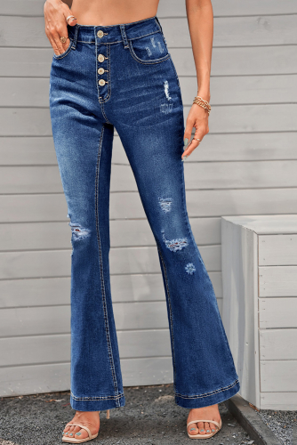 Синие рваные джинсы-клеш с потертостями и застежкой на пуговицах