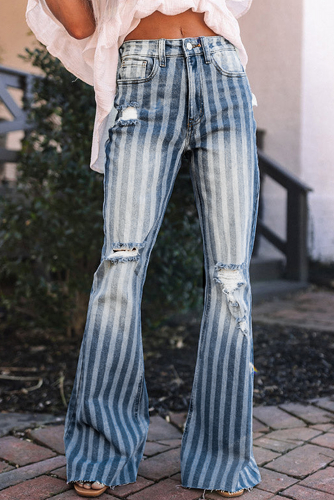 Голубые джинсы-клеш в полоску со стиркой и потертостями