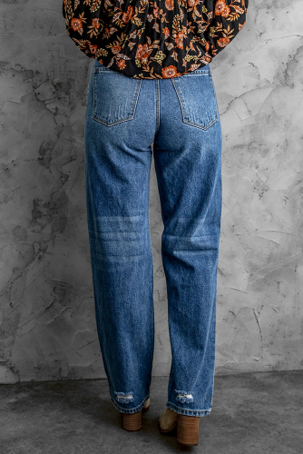 Голубые прямые джинсы с высокой талией и дырками