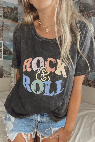 Черная винтажная футболка с разноцветной надписью: ROCK&ROLL