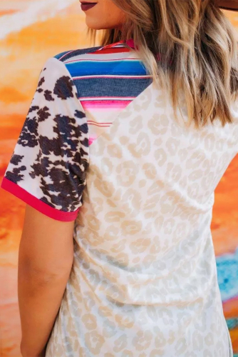 Бежевая футболка с леопардовым принтом и разноцветными вставками на рукавах