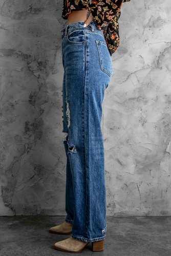 Голубые прямые джинсы с высокой талией и дырками