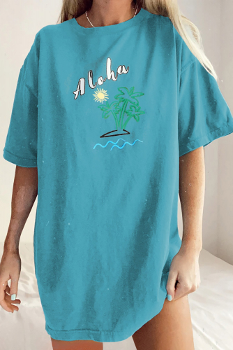 Голубая пляжная футболка оверсайз с надписью: Aloha