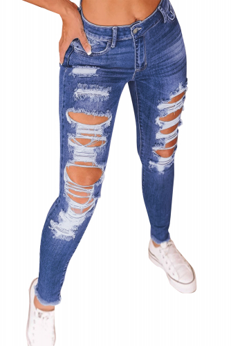 Синие рваные облегающие джинсы со средней посадкой и необработанными краями
