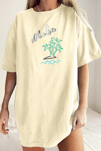 Желтая пляжная футболка оверсайз с надписью: Aloha