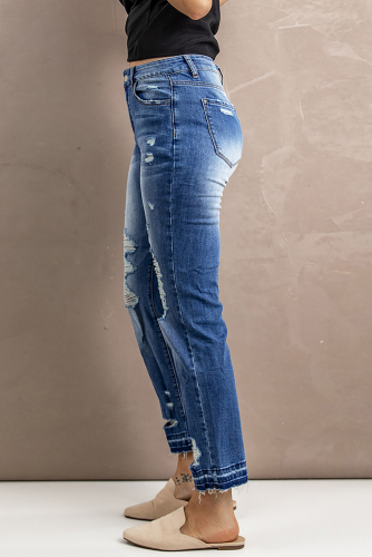 Синие прямые укороченные джинсы с высокой талией и дырками