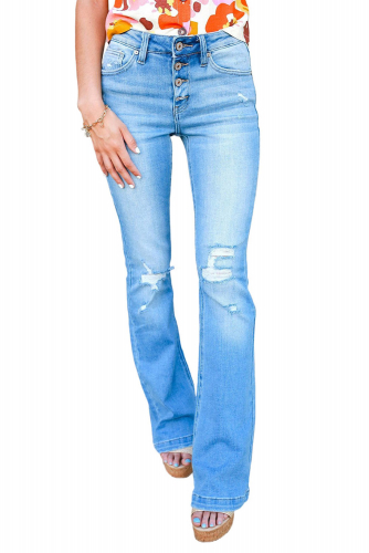Голубые джинсы-клеш с высокой талией и потертостями