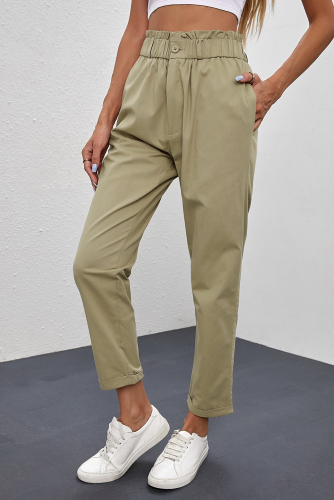 Укороченные брюки цвета хаки с высокой посадкой и эластичной талией