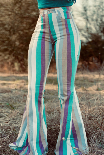 Цветные полосатые джинсы-клеш с необработанным краем