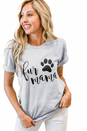 Серая футболка с закатанными рукавами и надписью: Fur Mama