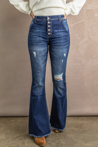 Темно-синие расклешенные рваные джинсы с завышенной талией и необработанными краями