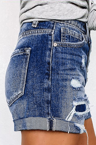 Синие джинсовые рваные шорты с высокой талией и застежкой на пуговицах