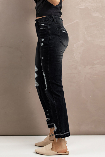 Черные прямые укороченные джинсы с высокой талией и дырками