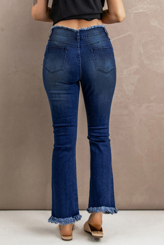 Темно-синие потертые рваные расклешенные джинсы с высокой посадкой