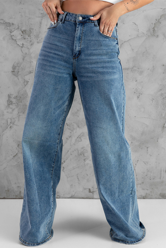 Голубые винтажные широкие джинсы с потертостями