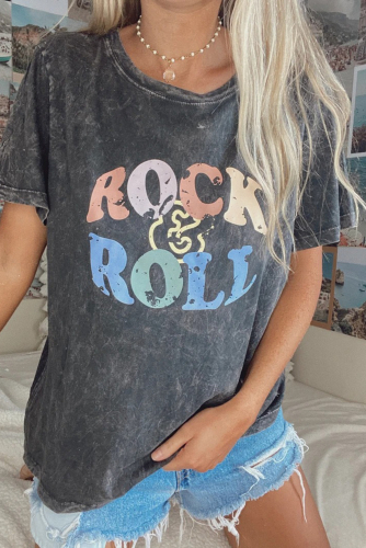 Черная винтажная футболка с разноцветной надписью: ROCK&ROLL