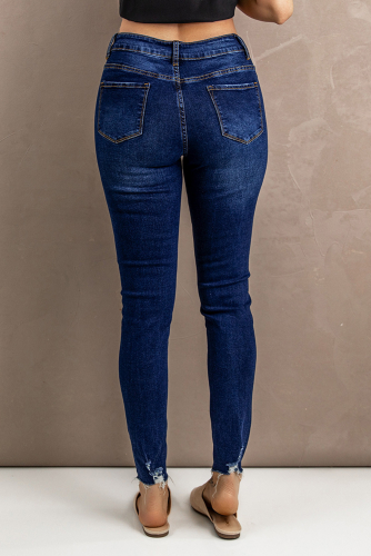 Темно-синие джинсы-скинни с разрезами и пуговицами