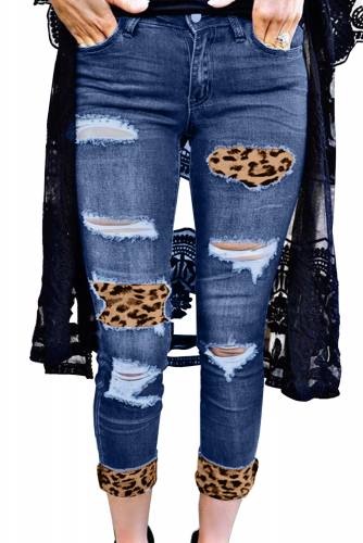 Синие облегающие джинсы с разрезами и леопардовыми вставками