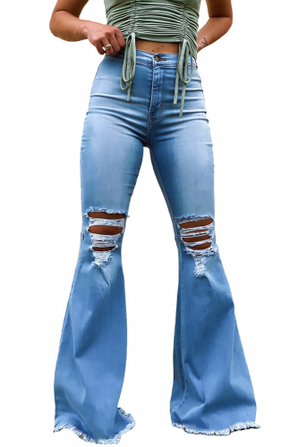 Голубые джинсы-клеш с высокой талией и разрезами на коленях