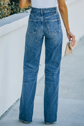 Прямые свободные рваные джинсы с потертостями