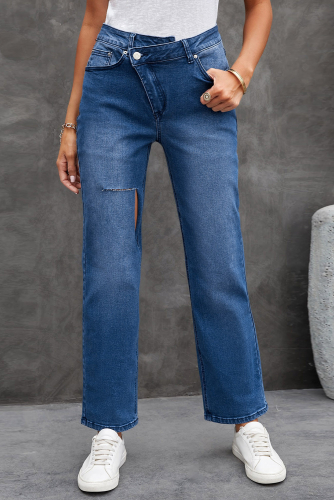 Темно-синие джинсы прямого кроя с разрезом и ассиметричной застежкой