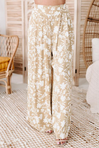 Абрикосовые широкие брюки с высокой талией и белым цветочным принтом