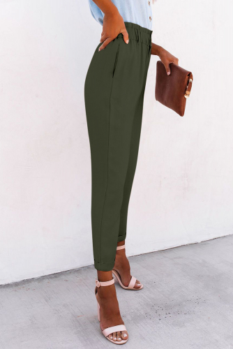 Зеленые укороченные брюки с высокой посадкой и эластичной талией