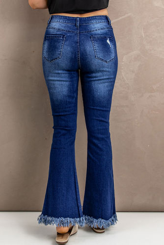 Синие потертые джинсы-клеш с необработанным краями и высокой талией