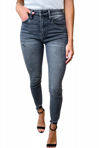 Серые облегающие джинсы с потертостями и высокой посадкой