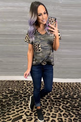 Камуфляжная футболка с нагрудным кармашком и леопардовым принтом
