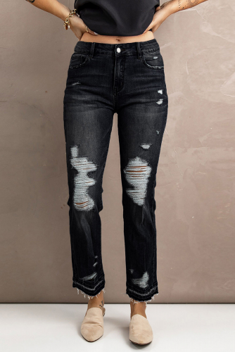 Черные прямые укороченные джинсы с высокой талией и дырками