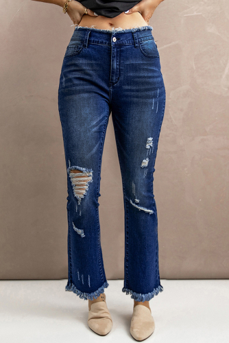 Темно-синие потертые рваные расклешенные джинсы с высокой посадкой