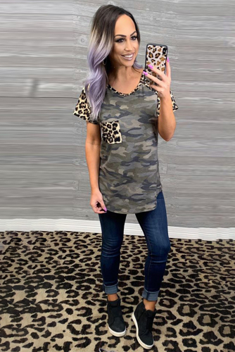 Камуфляжная футболка с нагрудным кармашком и леопардовым принтом