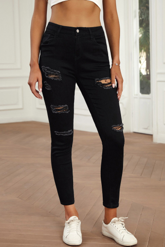 Черные облегающие рваные джинсы с высокой талией