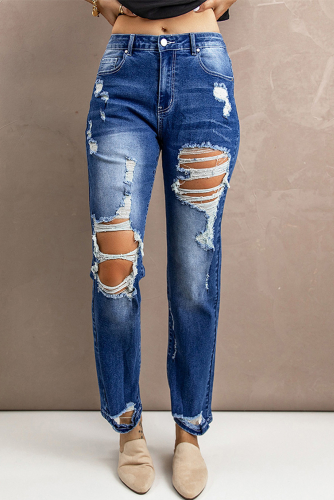 Синие рваные джинсы прямого кроя с разрезами