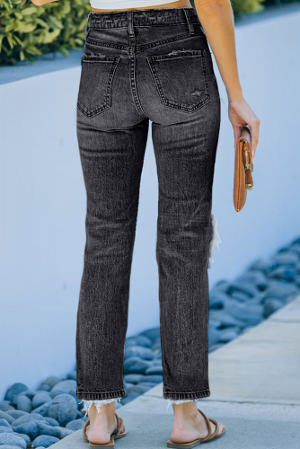 Темно-серые прямые укороченные джинсы с дырками