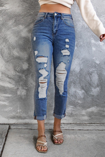 Синие облегающие джинсы с завышенной талией и дырками