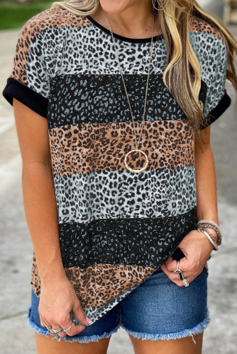 Черная полосатая футболка с леопардовым принтом